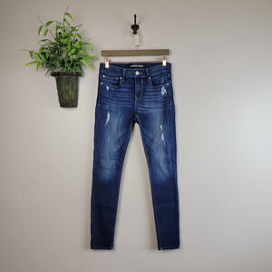 Express 4 Skinny Jeans Jegging Legging Mid Rise Dark Blue Wash Distressed Ripped